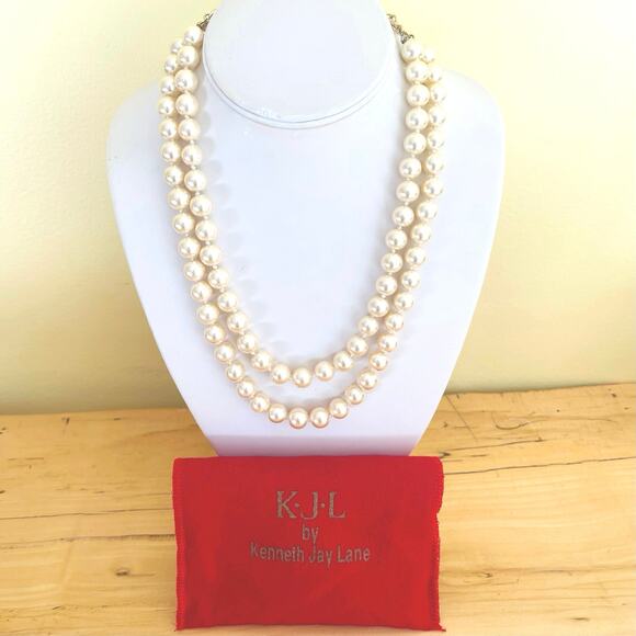 Vintage Kenneth Jay Lane KJL Dbl Strand Faux Pearl Necklace Double Gold Tone - Picture 1 of 11